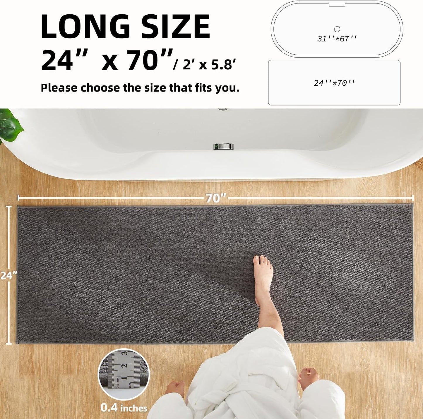 Bathroom Runner Rugs, Long Bath Mat Runner Washable Thin Quick Dry Low Pile Bathroom Runner Rugs Non Slip, Dark Grey 24"x70"