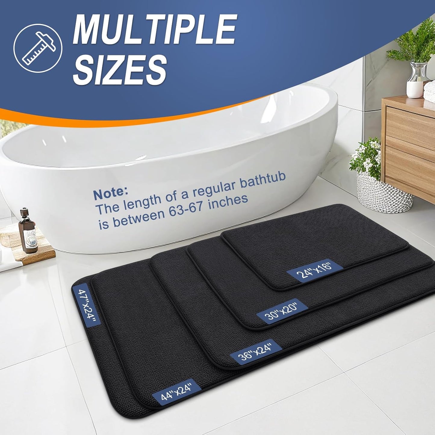 OLANLY Thick Memory Foam Bath Mat Rug 47x24, Extra Soft Absorbent Bathroom Rug, Quick Dry Bath Mats, Non-Slip, Machine Washable Carpet for Bathroom, Tub and Shower, Home Decor Accessories, Black