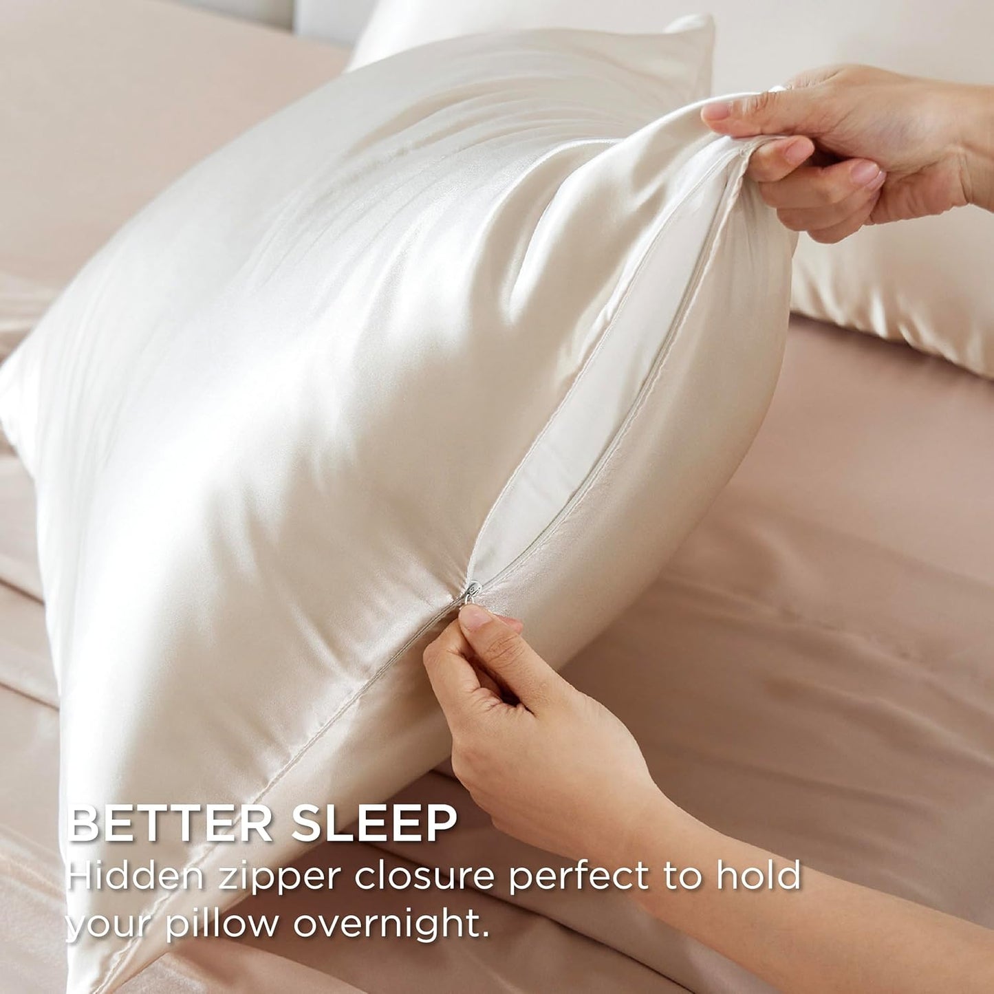 Bedsure Satin Pillowcase with Zipper, Similar to Silk Pillow Cases 2 Pack, Silky & Soft Satin Pillow Case Standard Size for Hair and Skin, Christmas Room Decor Gifts for Women Men, Beige, 20x26 Inches