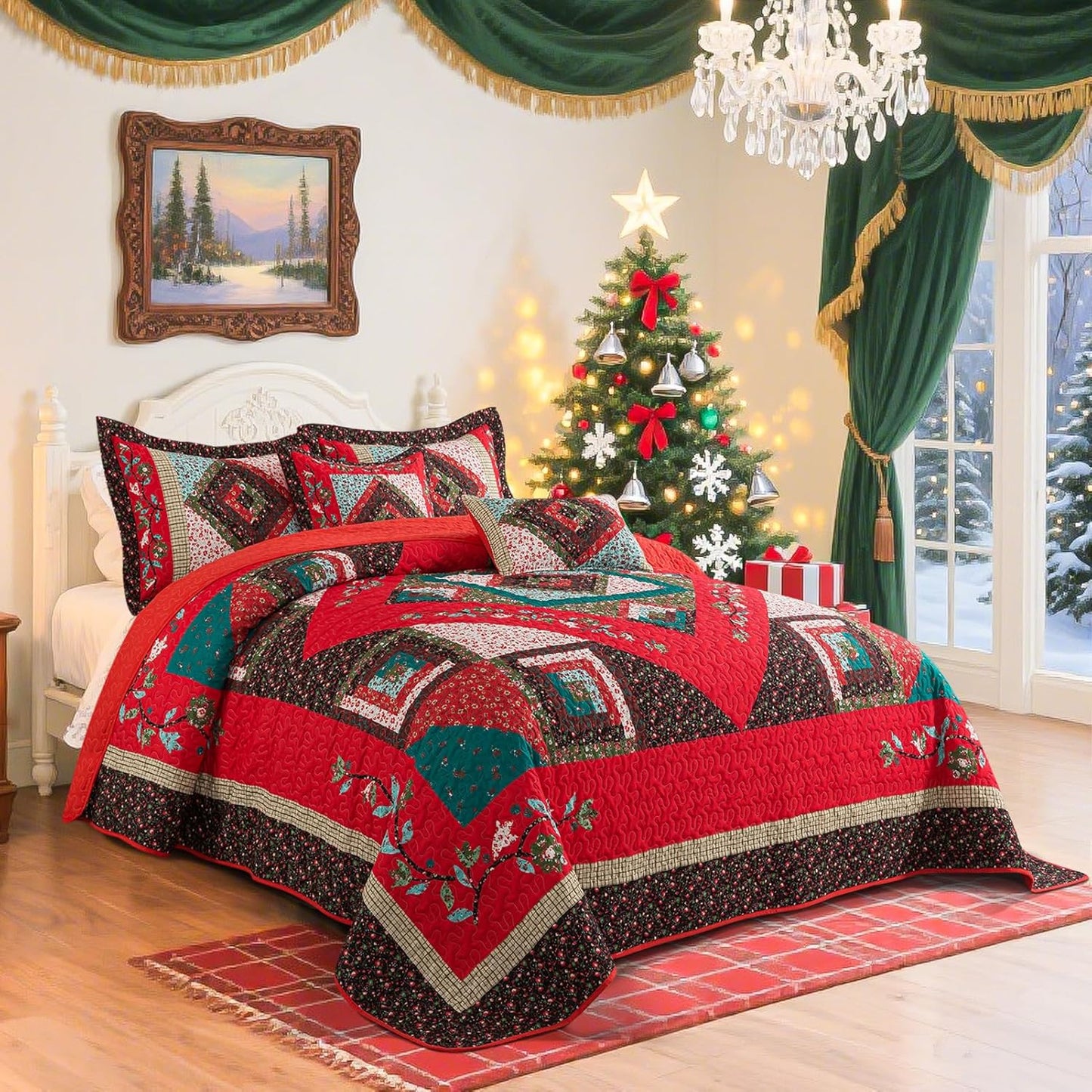 BEDIFANY Christmas California King Size Quilt Set - Cotton Bedspreads Oversized King for Bed - Lightweight Farmhouse King Quilt Bedding Sets for All Seasons, 3 Pieces