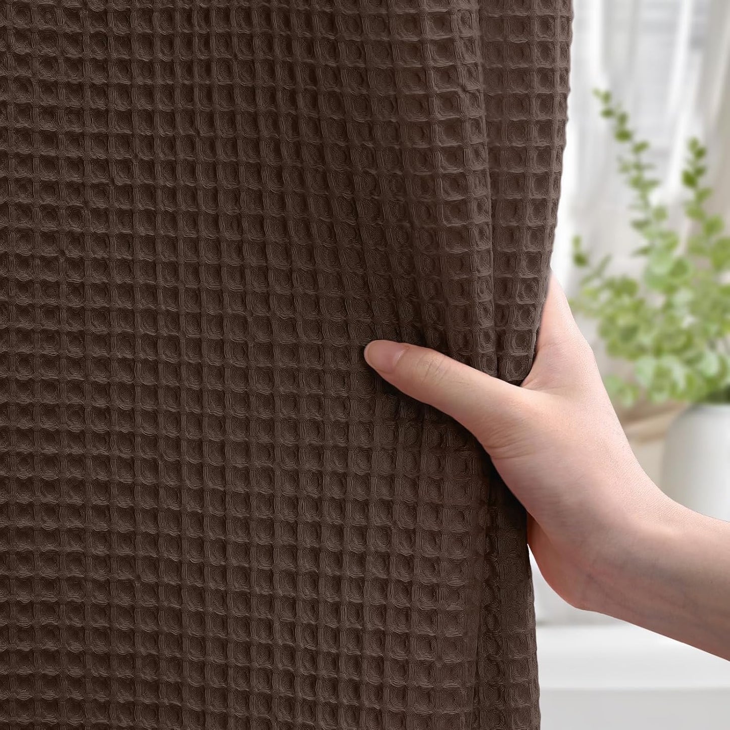 Extra Long Waffle Shower Curtain - Brown Cotton Texture Fabric Heavyweight Shower Curtain for Bathroom,72Wx90L