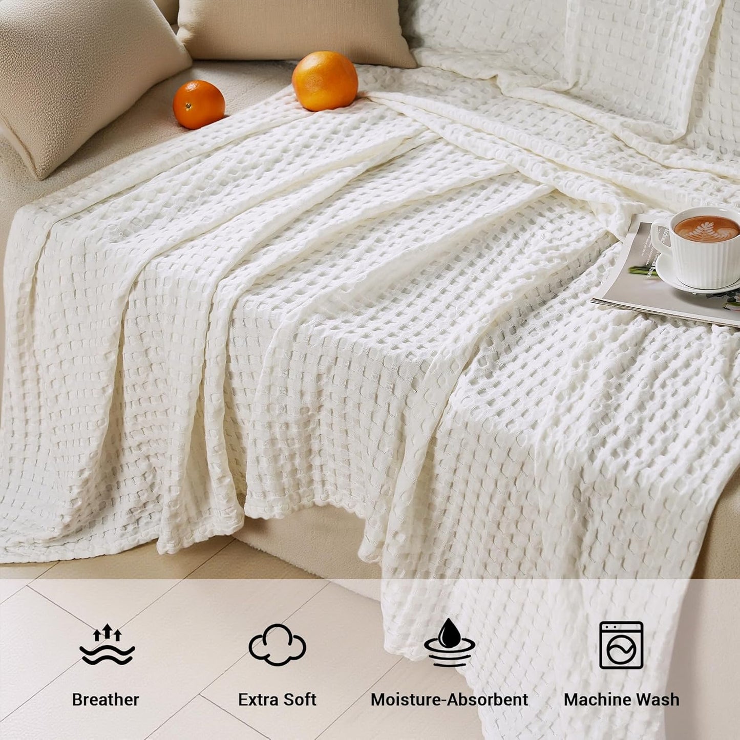 Aganear Waffle Blanket - Lightweight Breathable Summer Blanket of 50% Cotton and 50% Rayon Derived from Bamboo for Hot Sleepers Luxury Throws for Bed, Couch and Sofa,White,104x90 Inches