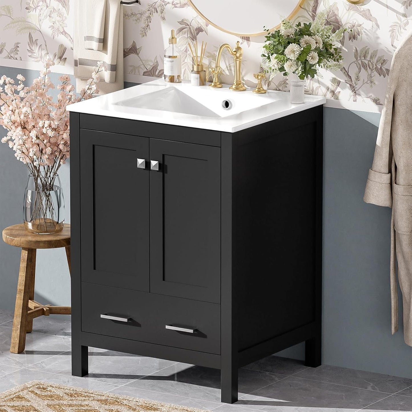 24" Bathroom Vanity with Sink Combo Set, Solid Wood Frame Bathroom Storage Cabinet with 2 Drawers and 1 Drawer, Double-layer Door Shelf, Soft Closing Cabinet Door with Organizer, Black