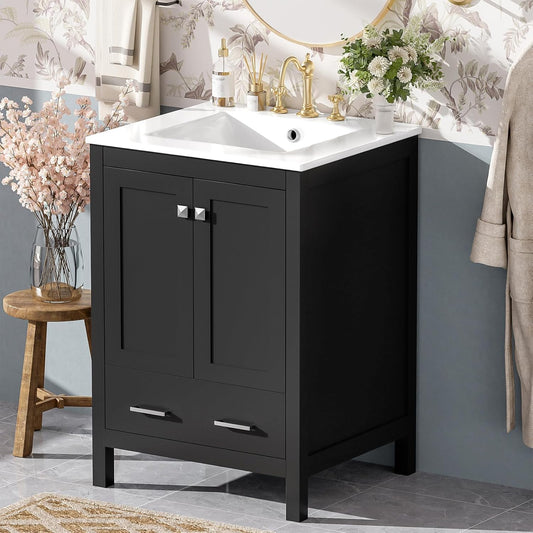 24" Bathroom Vanity with Sink Combo Set, Solid Wood Frame Bathroom Storage Cabinet with 2 Drawers and 1 Drawer, Double-layer Door Shelf, Soft Closing Cabinet Door with Organizer, Black