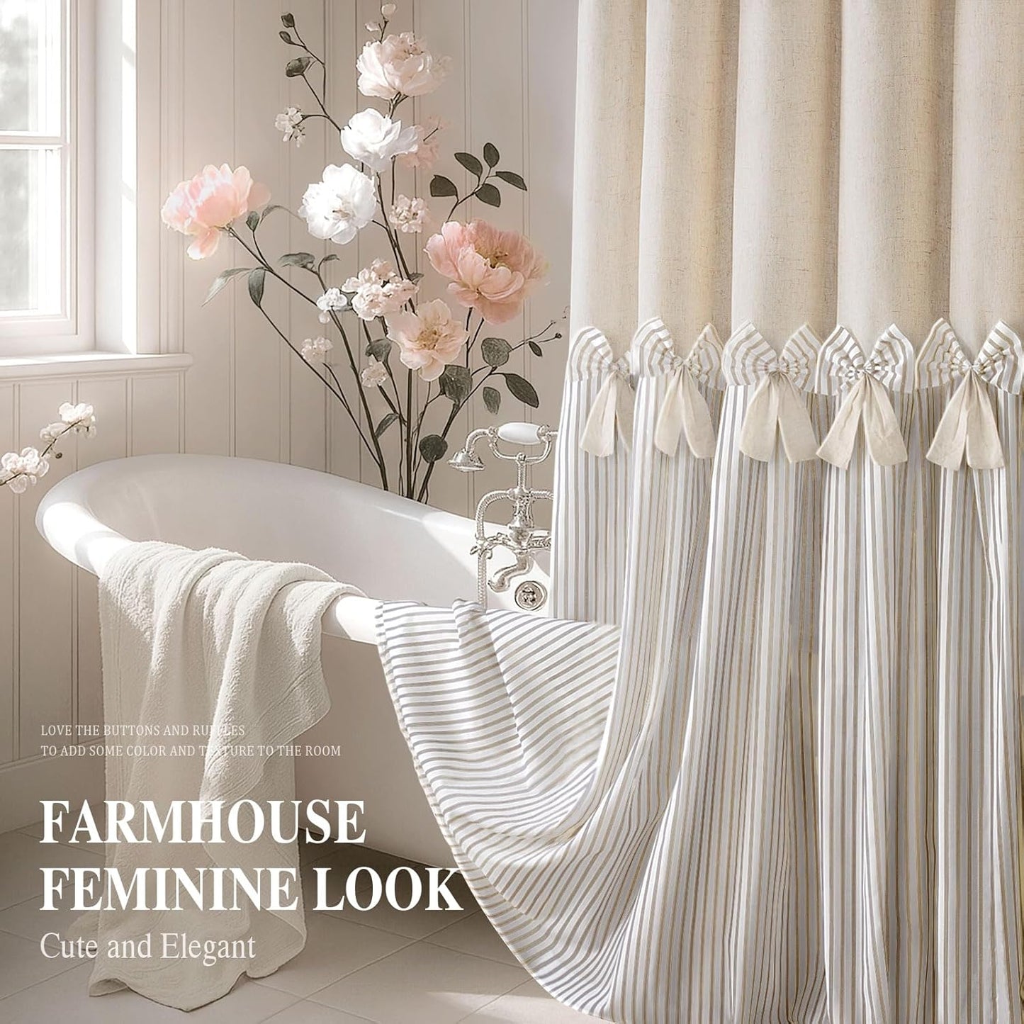 Farmhouse Shower Curtain Linen Beige Bow Woven Fabric Country Rustic Western, Pleated Beige Stripe 72" W x 84" L