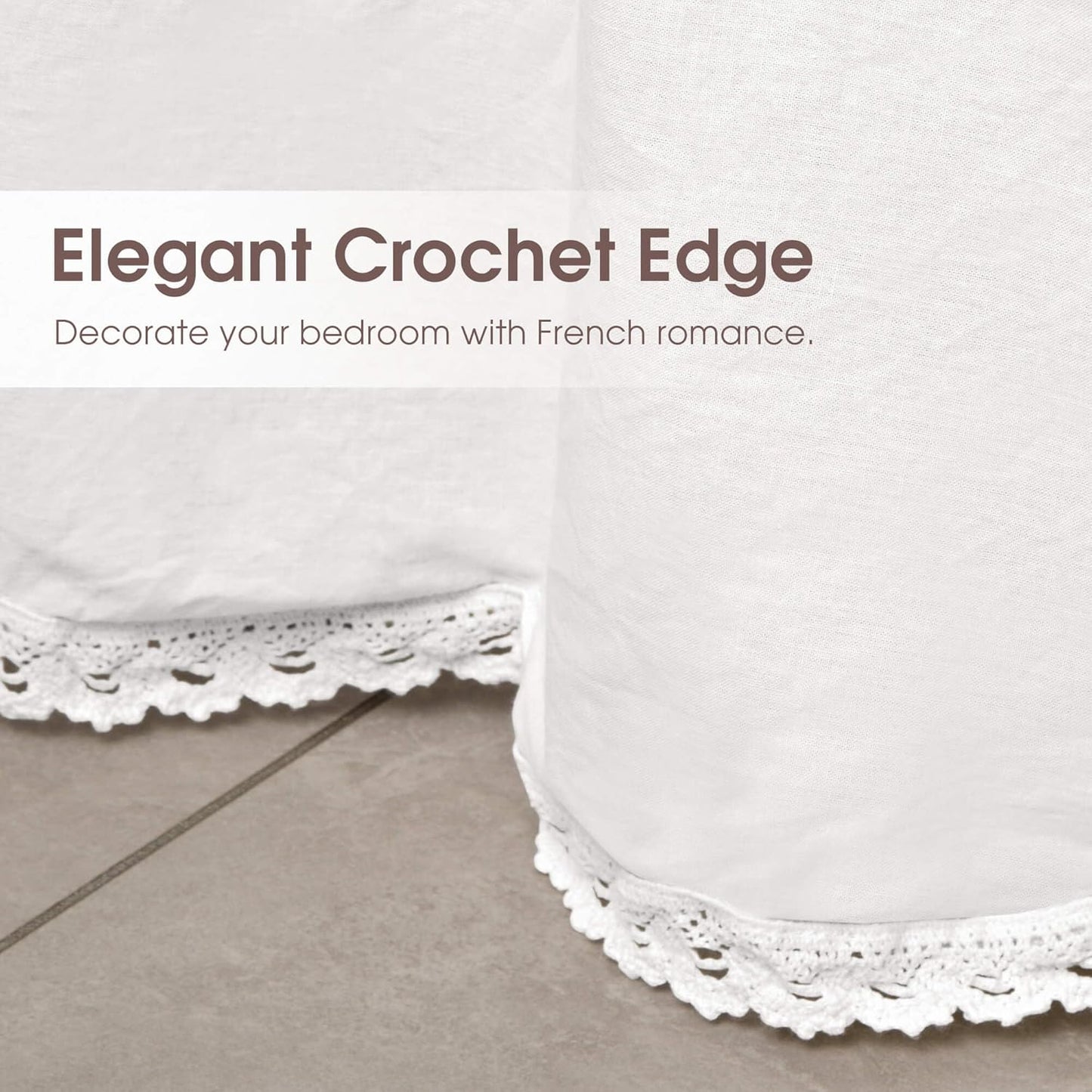 Queen Size 14" Drop - White Lightweight Cotton Bed Skirt with Crochet Edge - Dust Ruffle with Split Corner - Soft, Elegant, Breathable Bedding Accessory