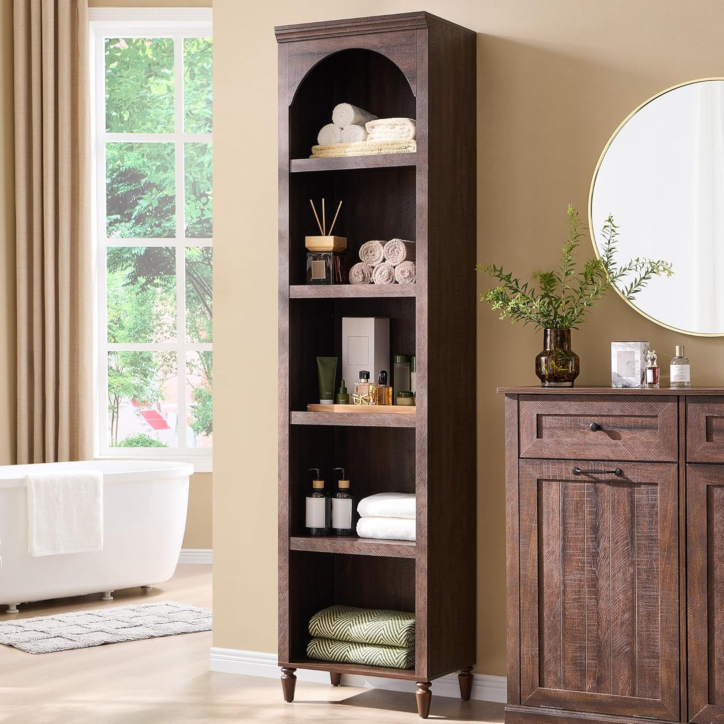76" Tall Arched Bathroom Storage Cabinet, 5 Tiers Narrow Farmhouse Arched Cabinet w/Adjustable Shelves, Modern Wooden Storage Cabinet for Bathroom, Living Room, Entryway, Study Room (Brown)