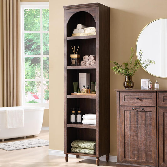 76" Tall Arched Bathroom Storage Cabinet, 5 Tiers Narrow Farmhouse Arched Cabinet w/Adjustable Shelves, Modern Wooden Storage Cabinet for Bathroom, Living Room, Entryway, Study Room (Brown)