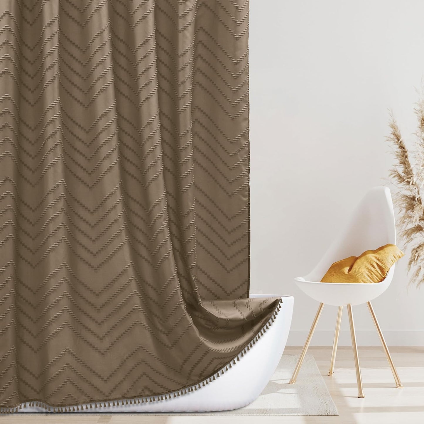 Extra Long Boho Shower Curtain, Woven Fabric 84 in Khaki, 72 x 84, Tufted Chevron Striped Modern Chic Textured Minimalist Bathroom Shower Curtain