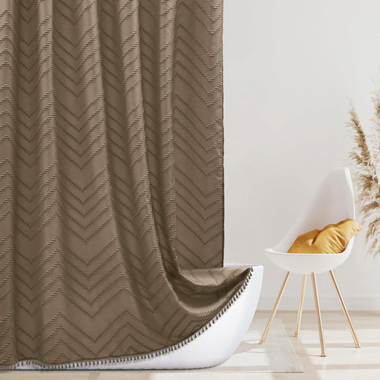Extra Long Boho Shower Curtain, Woven Fabric 84 in Khaki, 72 x 84, Tufted Chevron Striped Modern Chic Textured Minimalist Bathroom Shower Curtain