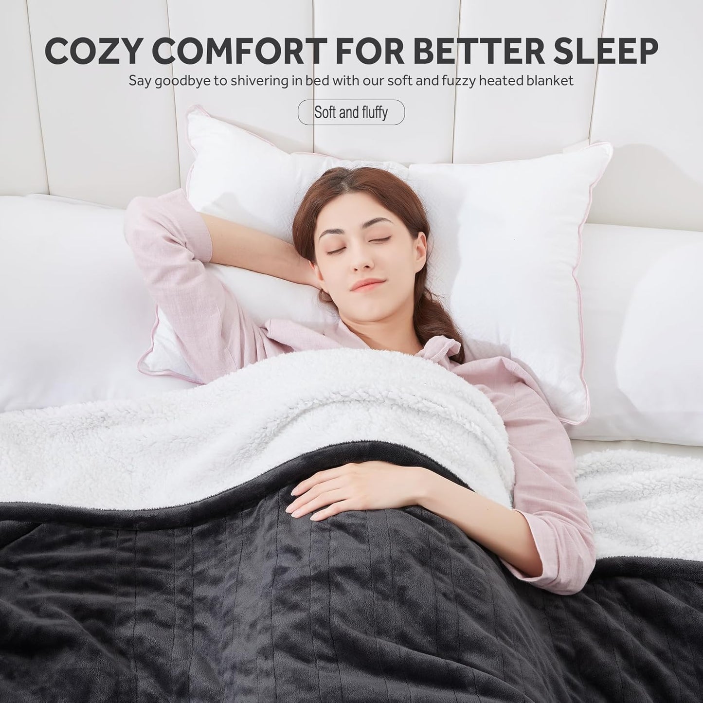 Heated Blanket Electric Blanket Full Size Soft Flannel Sherpa, 6 Heat Levels Fast Heating, 2 to 10 Hours Auto-Off Detachable Controller Machine Washable, Grey 72"x84"