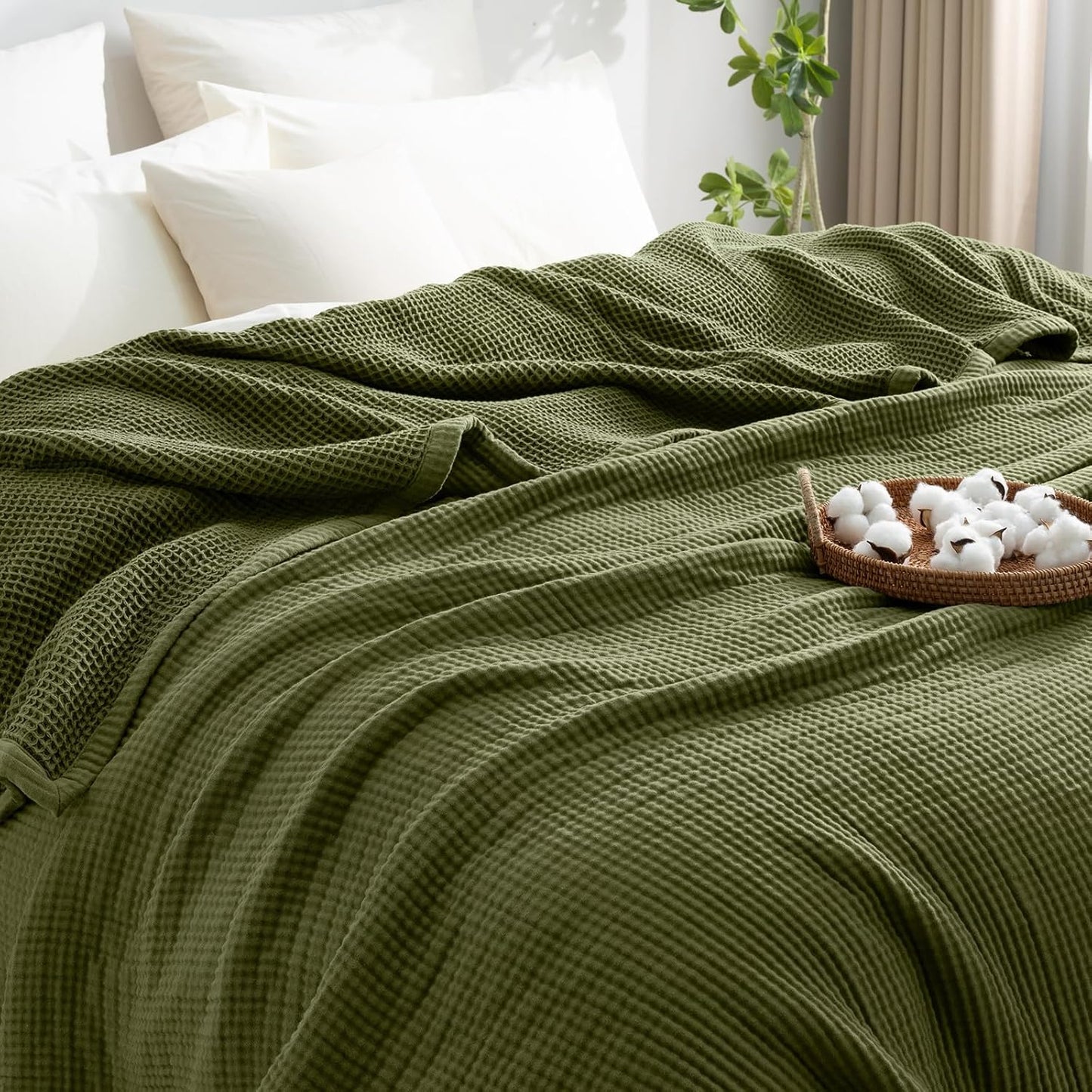 PHF 100% Cotton Waffle & Muslin Blanket Twin Size, Soft Breathable Luxury 400GSM Versatile Reversible Bedding for Bed, Great for Layering in Cold Weather, Home Decor Gift, 66" x 90", Olive Green