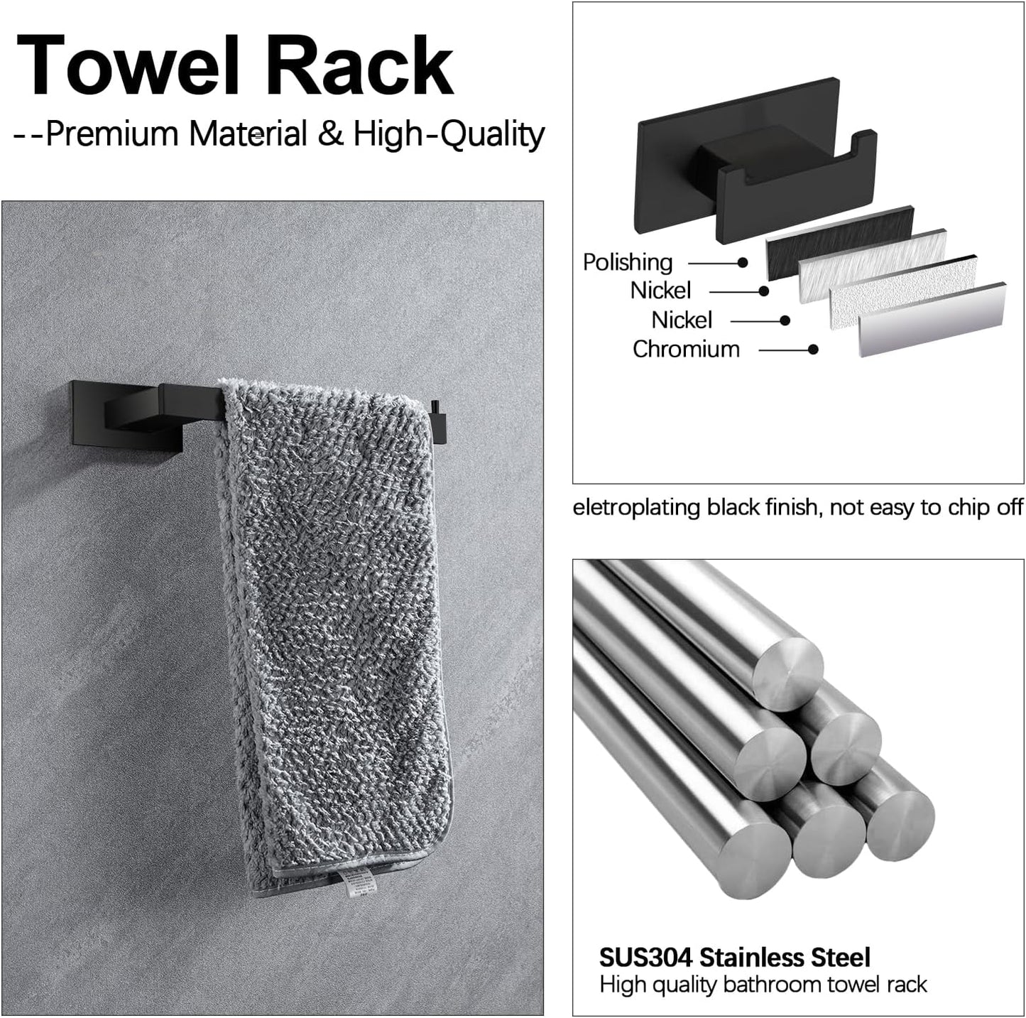 4-Pieces Bathroom Hardware Accessories Set, Towel Rack Towel Bar Toilet Paper Holder Towel Hook Self Adhesive Stainless Steel Towel Rack Set for Bathroom Wall Mounted, Matte Black 23 Inch