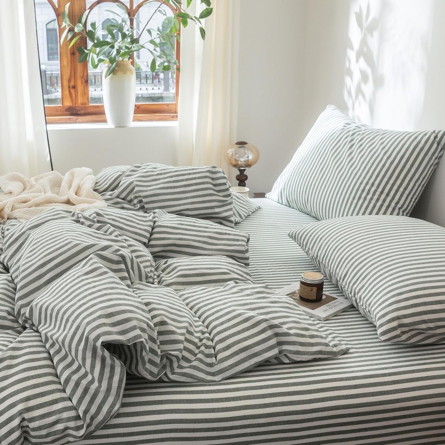 FOSSA Striped Duvet Cover Set 100% Washed Cotton Linen Feel Super Soft Breathable Cozy 3 Pieces Bedding Sets Heathered Green Classic Stripes King