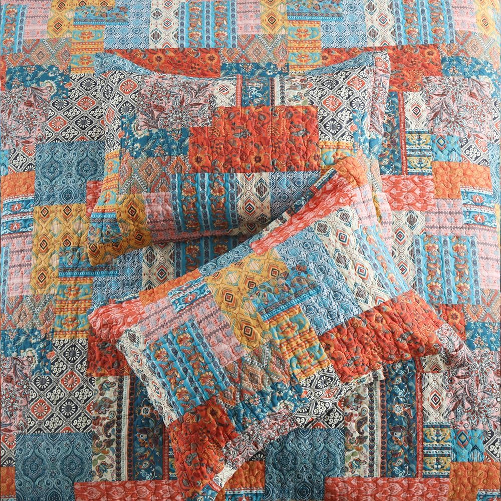 ENASAL Cotton Bedspread Quilt Bedding Sets Reversible Coverlet Comforters Vintage Bohemian Patchwork Pattern Bedspread for All Season, King Size