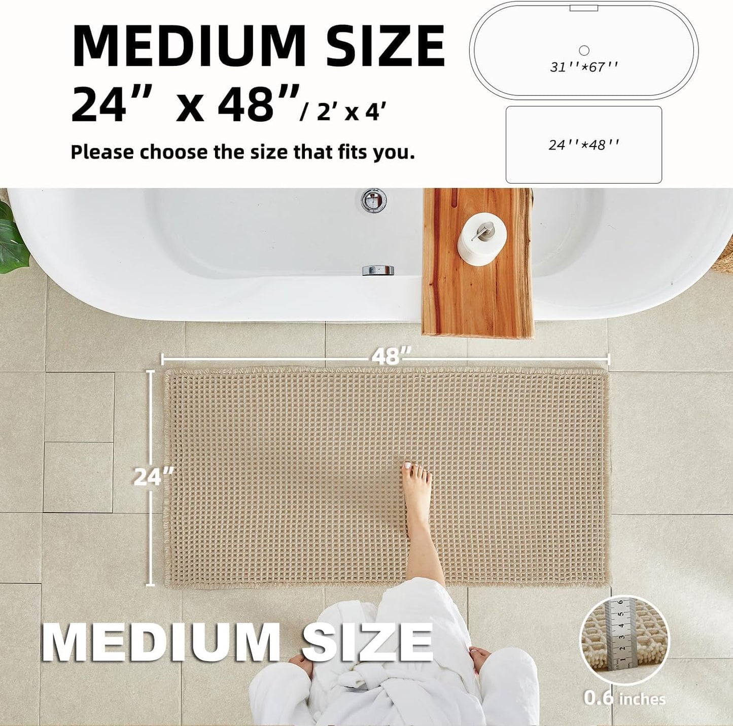 Pale Beige Bathroom Rug, Waffle Bath Mat Non Slip Washable Super Absorbent Quick Dry Boho Farmhouse Bathroom Decor, 48''x24'' / 4'x2' Pale Beige