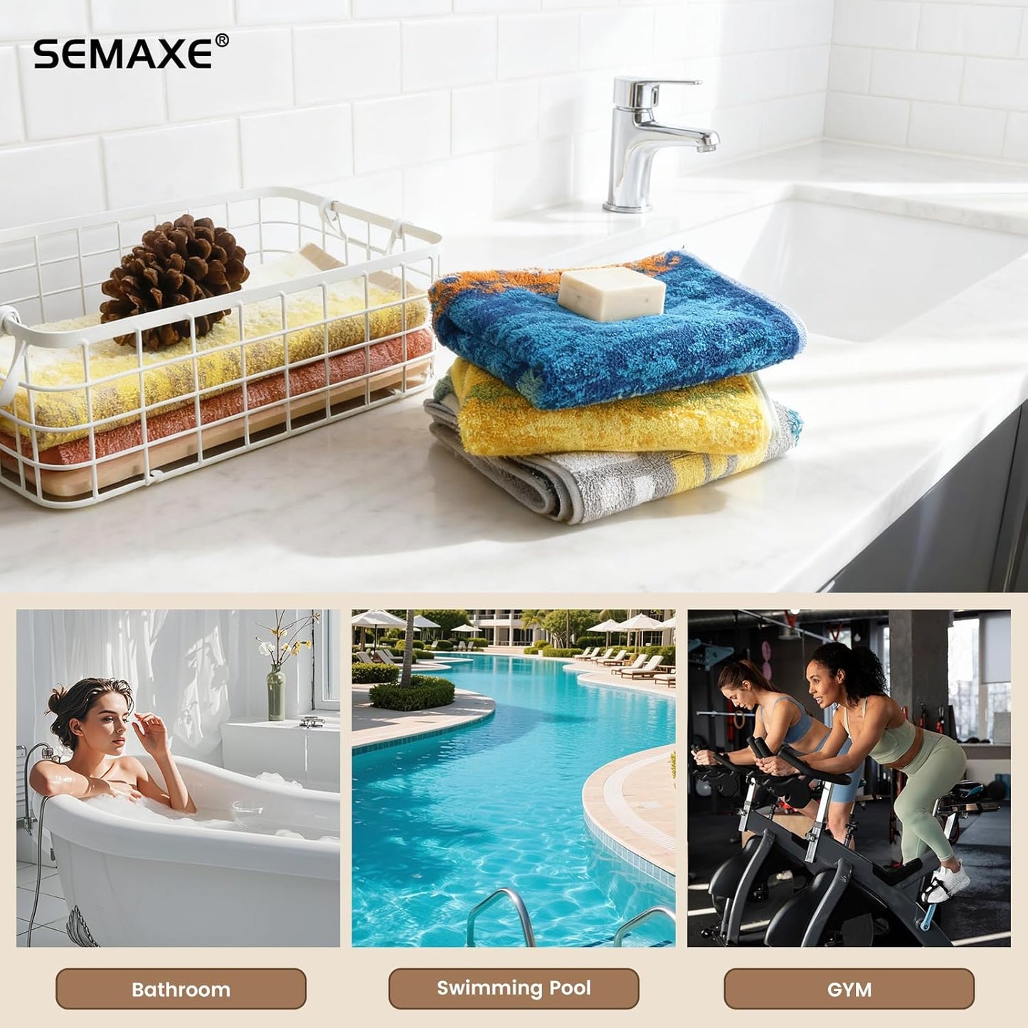 SEMAXE Hand Towels for Bathroom, 100% Cotton Towels with Hanging Loops, Soft and Absorbent, 4 Pack Hand Towel Set for Gym, Shower, Hotel and Spa, Decorative Checkered Towel