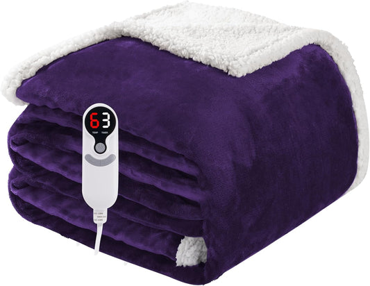 Electric Heated Blanket Full Size 72"x84", Soft Flannel with Overheat Protection, 6 Adjustable Heat Settings & 10-Hour Auto-Off Timer, Fast Heating for Winter Comfort, Dark Purple