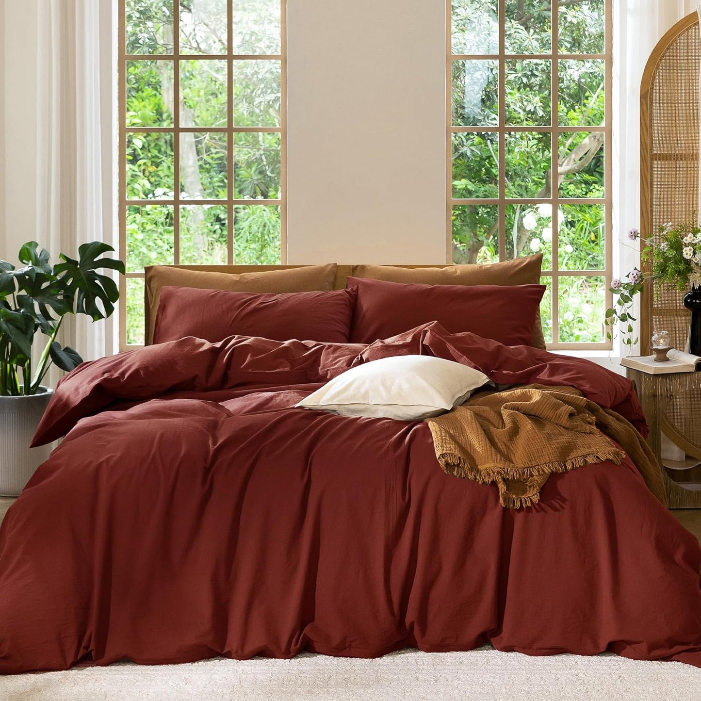 MooMee Bedding Duvet Cover Set 100% Washed Cotton Linen Like Textured Breathable Durable Soft Comfy (Solid Fired Brick Red, Full 80"x90")