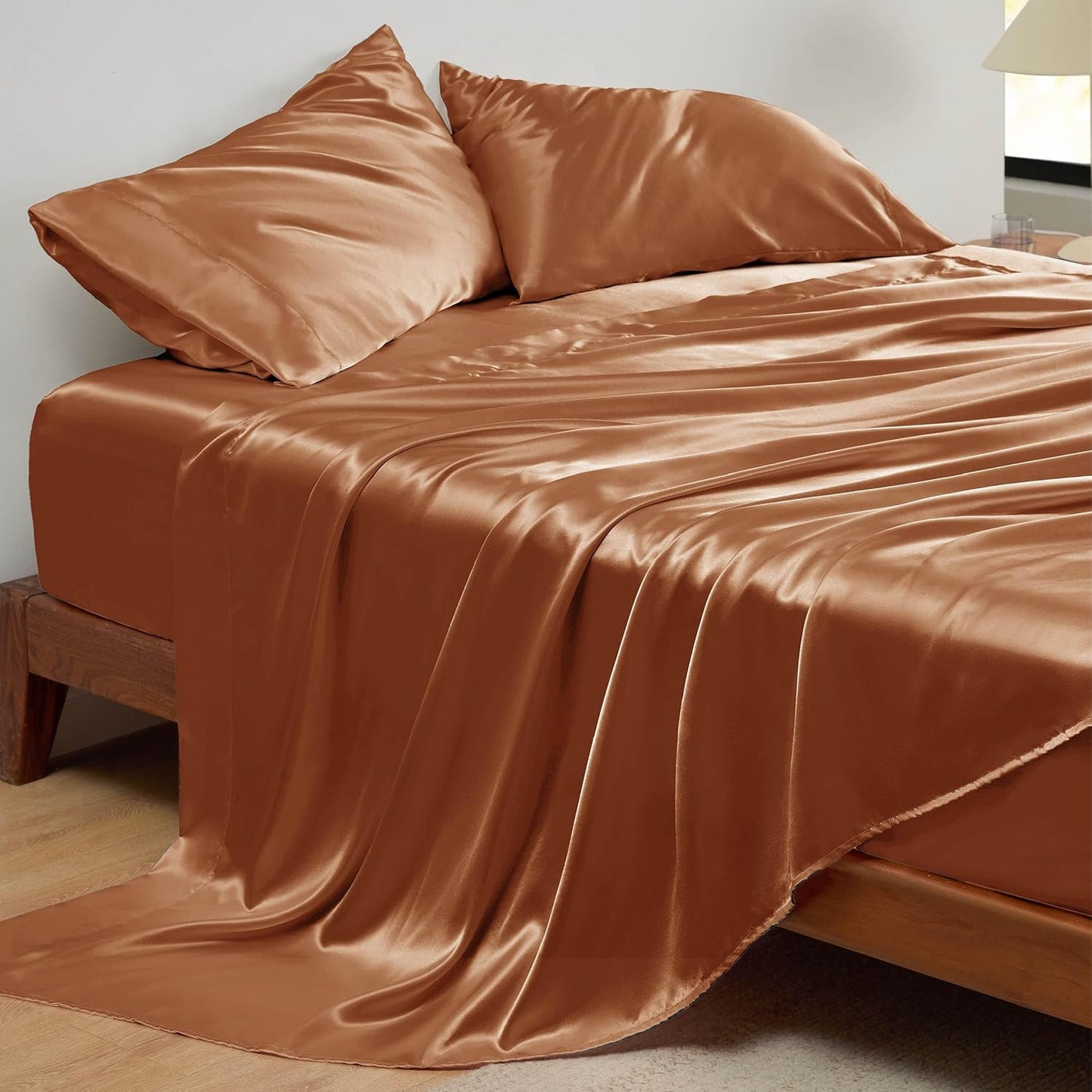 Bedsure Satin Sheets Full Size - 4 Piece Silky Bedsheets with 15 Inches Deep Pocket Fitted Bedsheet,1 Flat Sheet, 2 Satin Pillowcases, Good for Hair & Skin (Full, Burnt Orange)