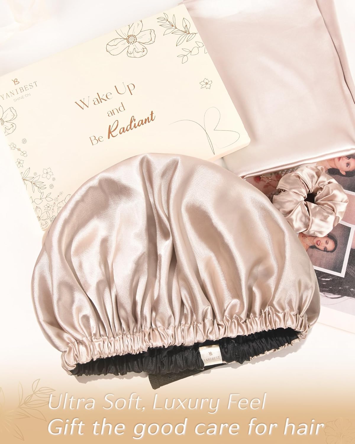 YANIBEST Adjustable Silk Bonnet Double Layer Satin Bonnet Hair Bonnet for Sleeping Bonnets for Women Hats Curly Natural Hair, Champagne