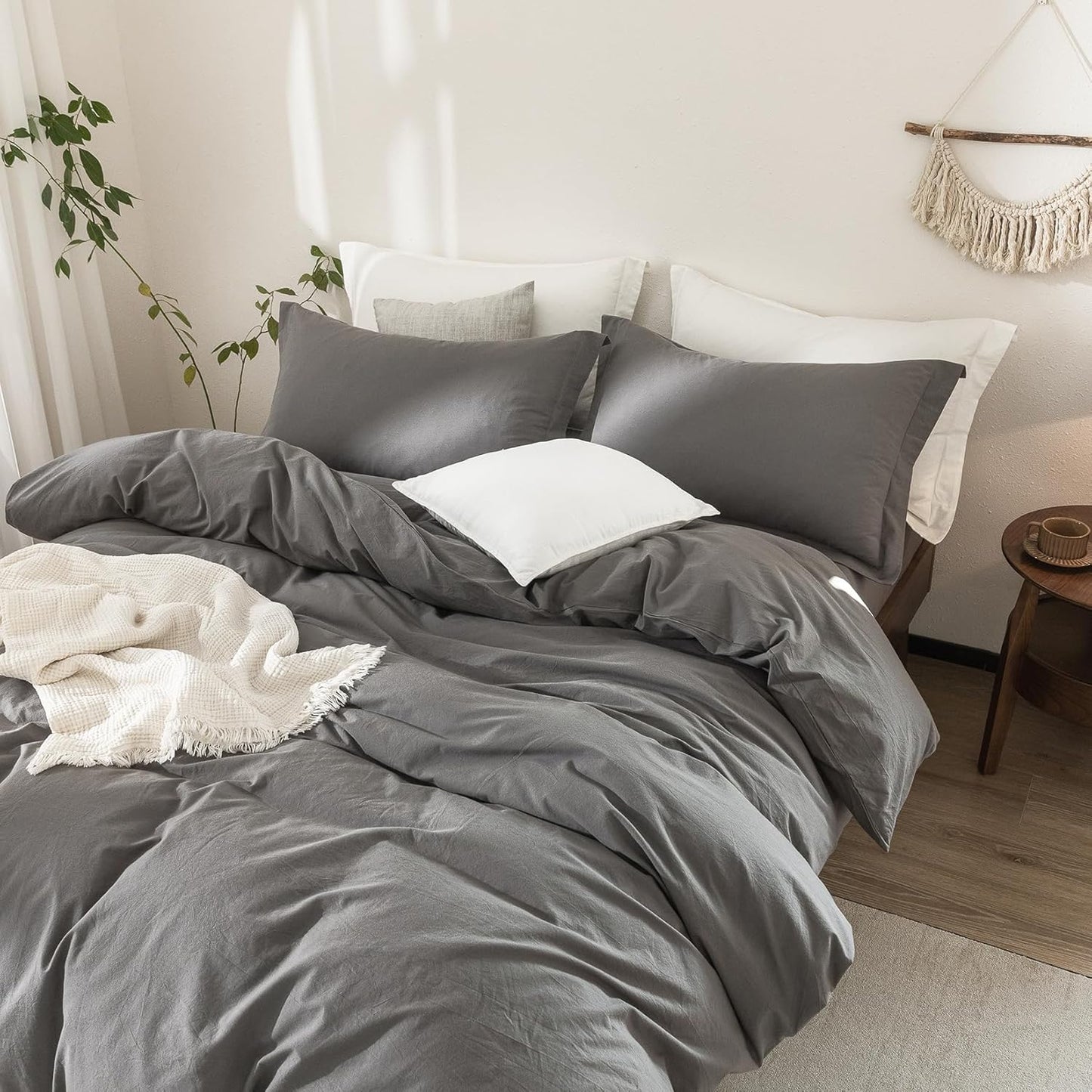 100% Washed Cotton Duvet Cover Super Queen Size Dark Grey Bedding Set Cover 1 Duvet Cover with Zipper Closure and 2 Pillowcases, 98inch x 90inch