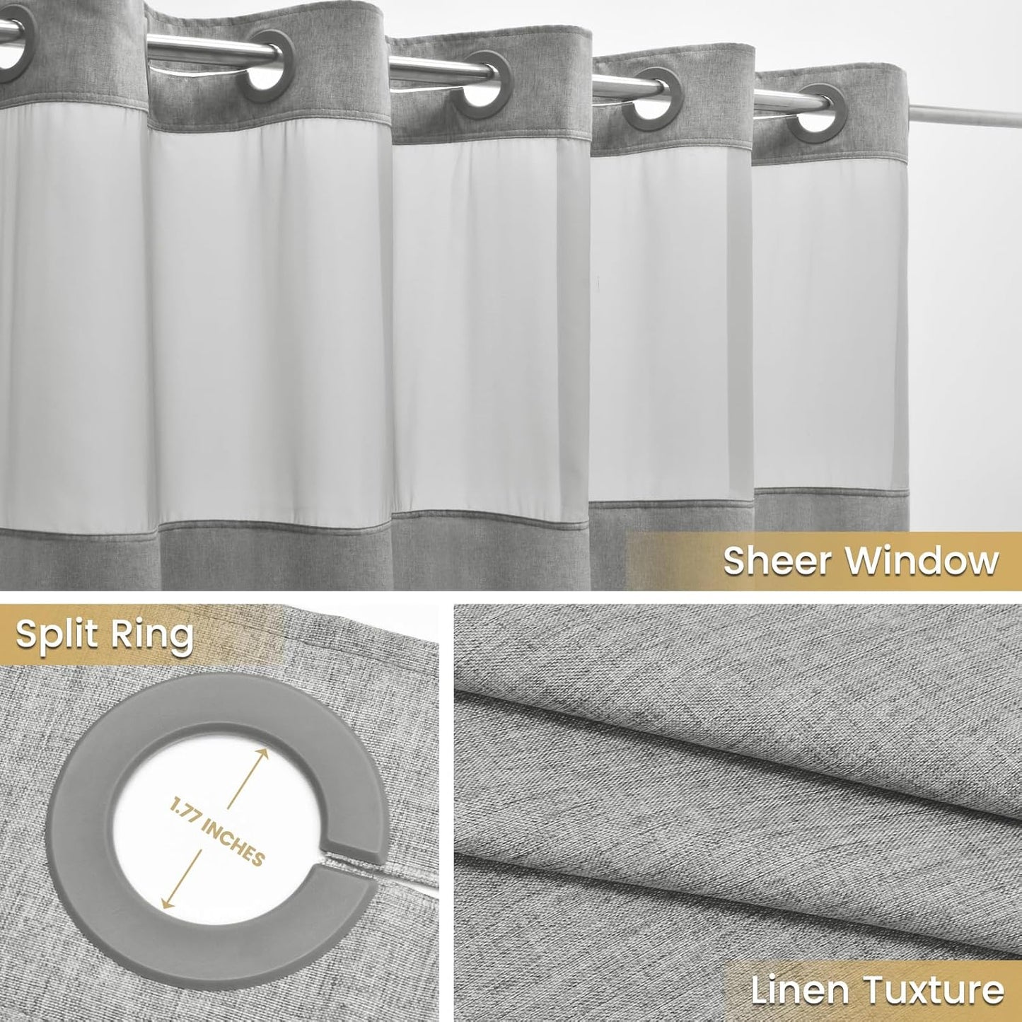 No Hook Shower Curtain with Snap in Liner, Polyester Textured Shower Curtain with Liner Set, Waterproof Washable Hotel Style Shower Curtains for Bathroom, 71Wx77H, Grey
