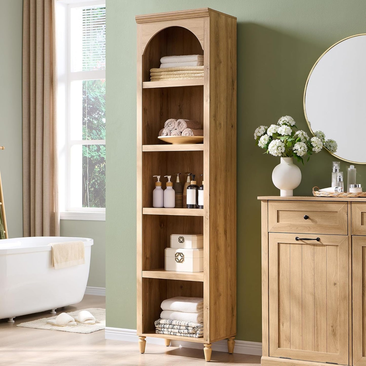 76" Tall Arched Bathroom Storage Cabinet, 5 Tiers Narrow Farmhouse Arched Cabinet w/Adjustable Shelves, Modern Wooden Storage Cabinet for Bathroom, Living Room, Entryway, Study Room (Natural)