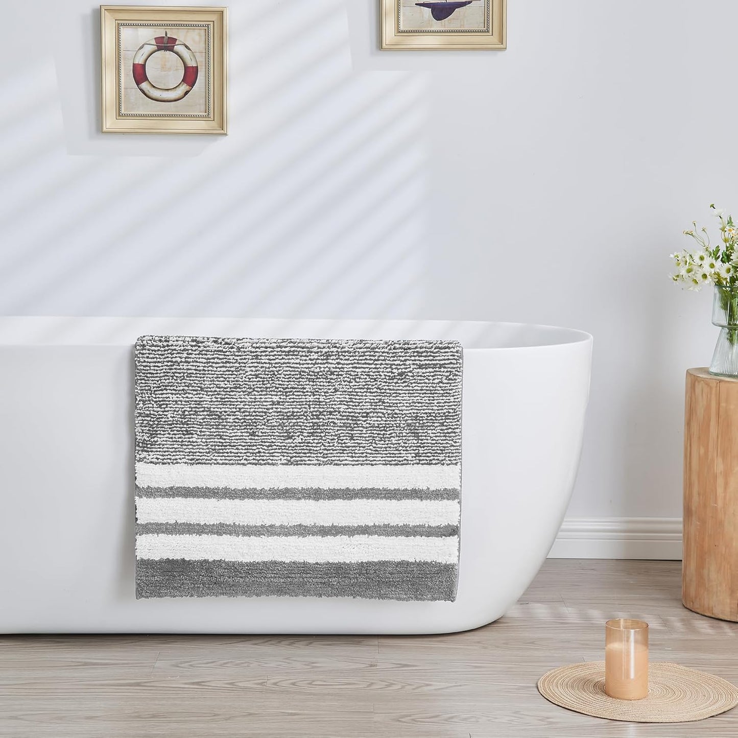 CozeCube Bath mats for Bathroom Non Slip, Fluffy Absorbent Microfiber Bath mat Washable, Aesthetic Bathroom Rugs, Small Grey Striped Bath mat, Grey, 24" x 16"
