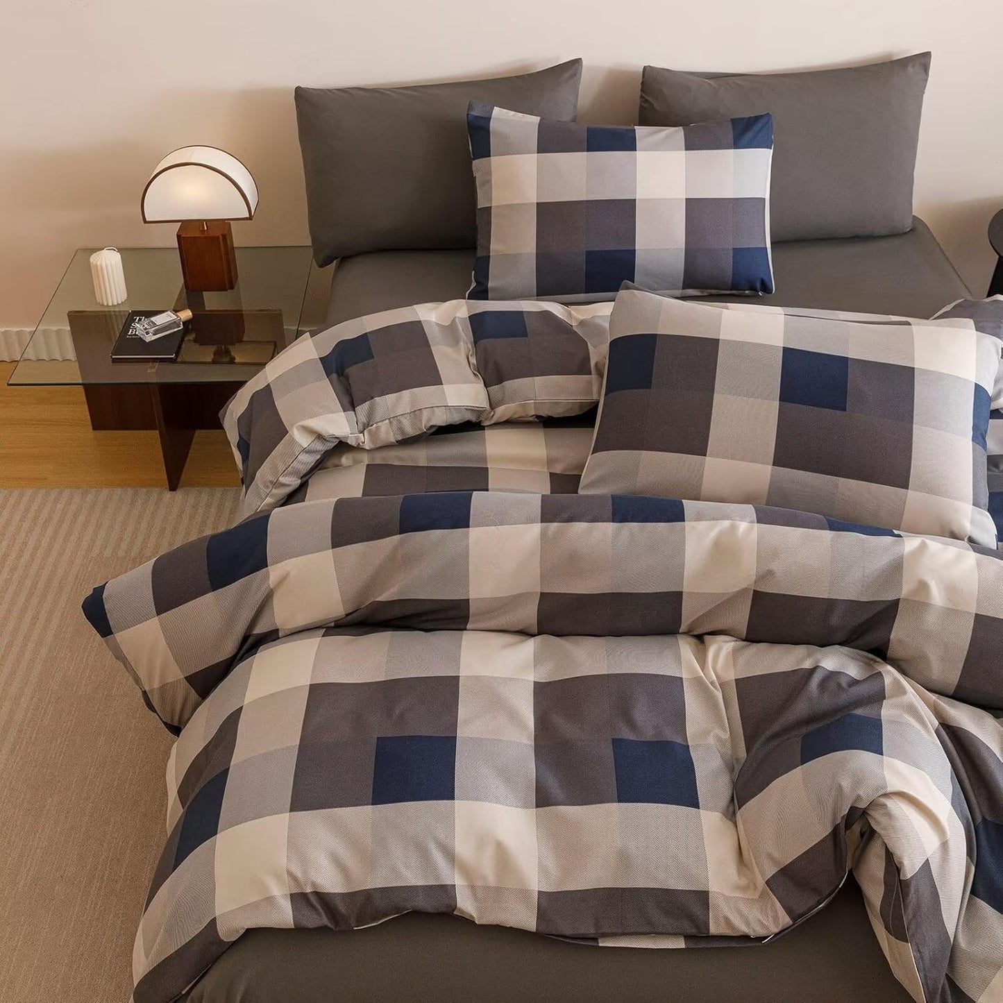 Cottonight Checkered Navy Comforter Set Queen Men Gingham Grid Bedding Set Navy and Khaki Grid Comforter Fluffy Soft Blanket Quilts Modern Cottagecore Comforter with 2 Pillowcases for Queen Bed