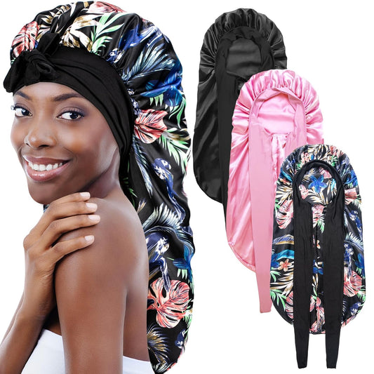 3Pcs Bonnets for Black Women Braid Bonnet, Large Long Satin Bonnet for Braids, Black Women Satin Silk Bonnet with Stretchy Tie Band Sleep Bonnet Cap for Long Curly Hair (Black & Black Pattern & Pink)