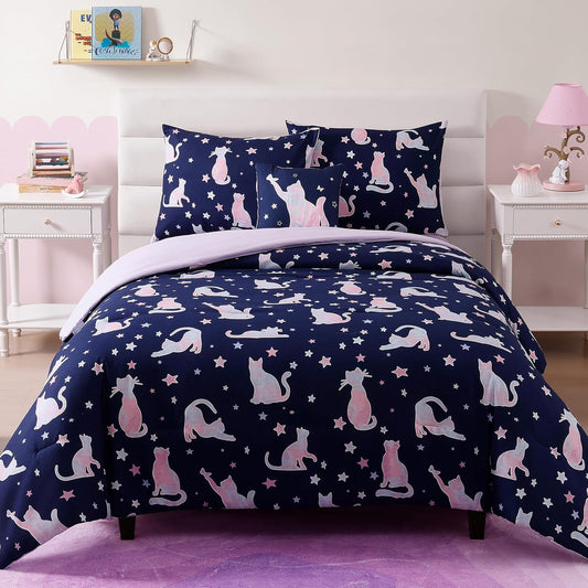 Full Size Comforter Set for Girls-4 Pieces Cute Cat Full Bedding Sets for Kids, 1 Comforter, 2 Shams and 1 Decor Pillow