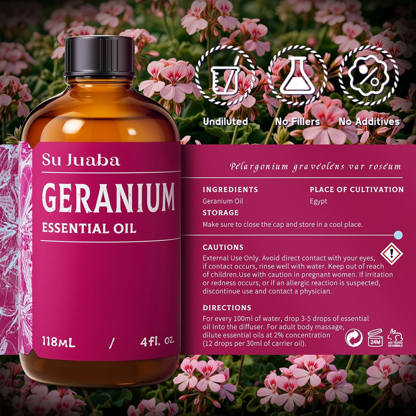 SU JUABA Geranium Essential Oil 4 Oz, 100% Pure & Natural Aromatherapy Oil for Diffuser, Skin Care, Hair & Massage - 118ML