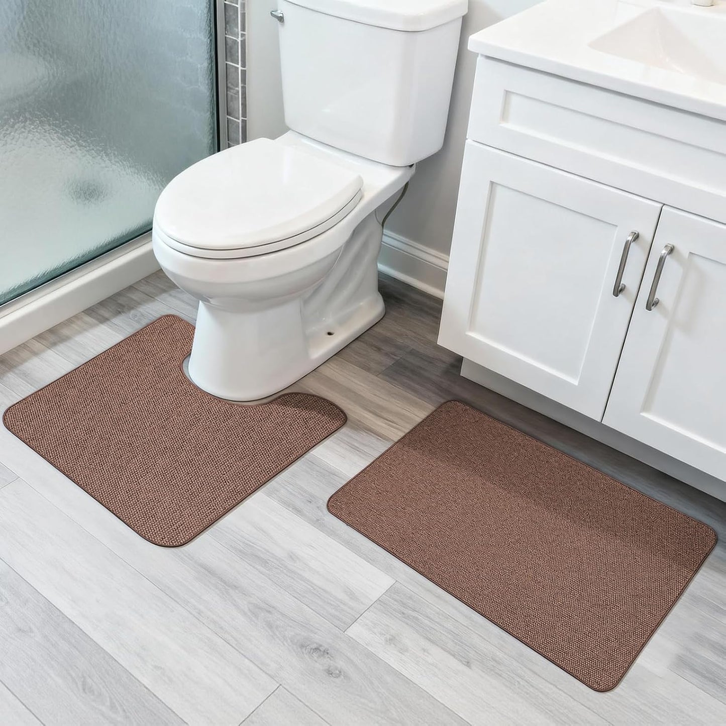 Bathroom Rugs Set 2 Pieces,Thin Bathroom Mats,Toilet Rugs,Quick Dry,Non-Slip,Machine Washable,Low Pile,Absorbent Bath Mats,Shower,Sink,Home Decor Accessories.Brown,1'5"x2'3"+1'8"x2" U Shape