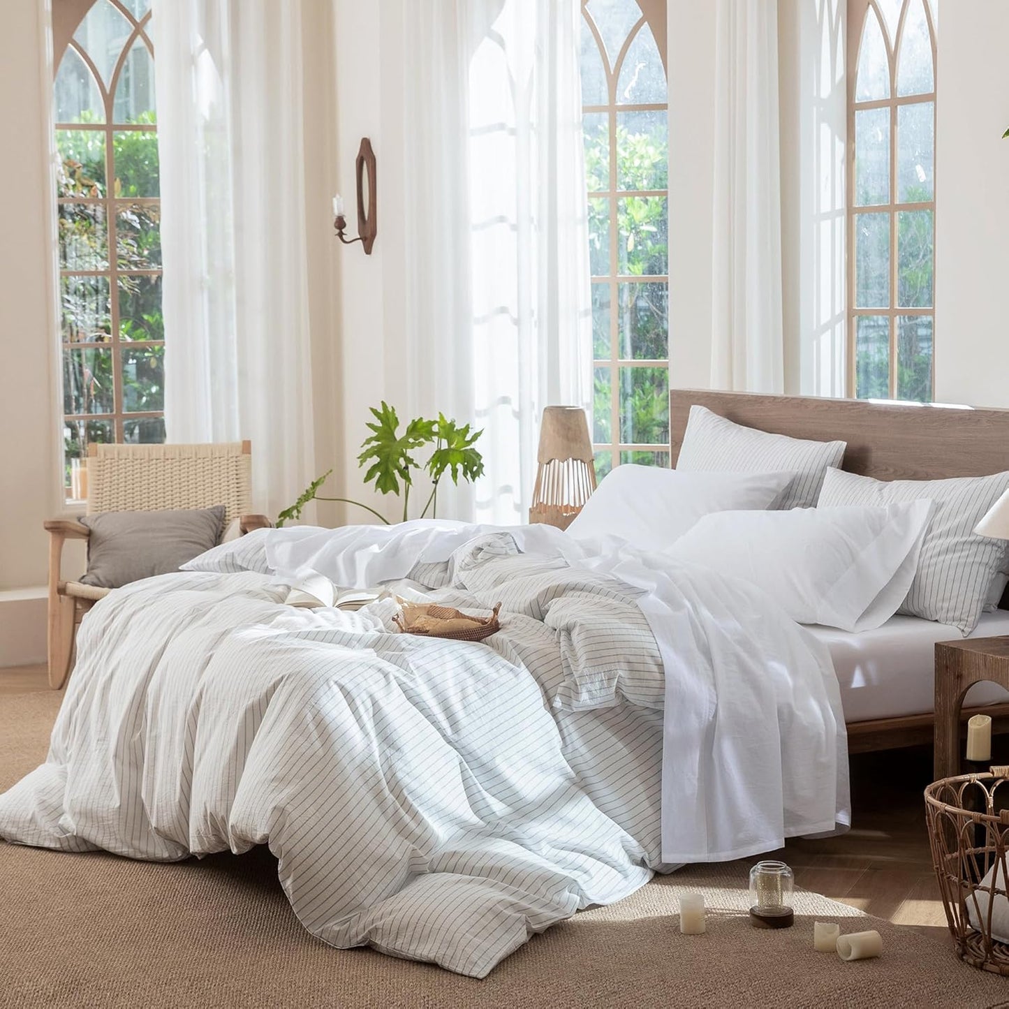 MooMee Bedding Sheet Set 100% Washed Cotton Linen Like Textured Breathable Durable Soft Comfy (Solid Bright White, King)