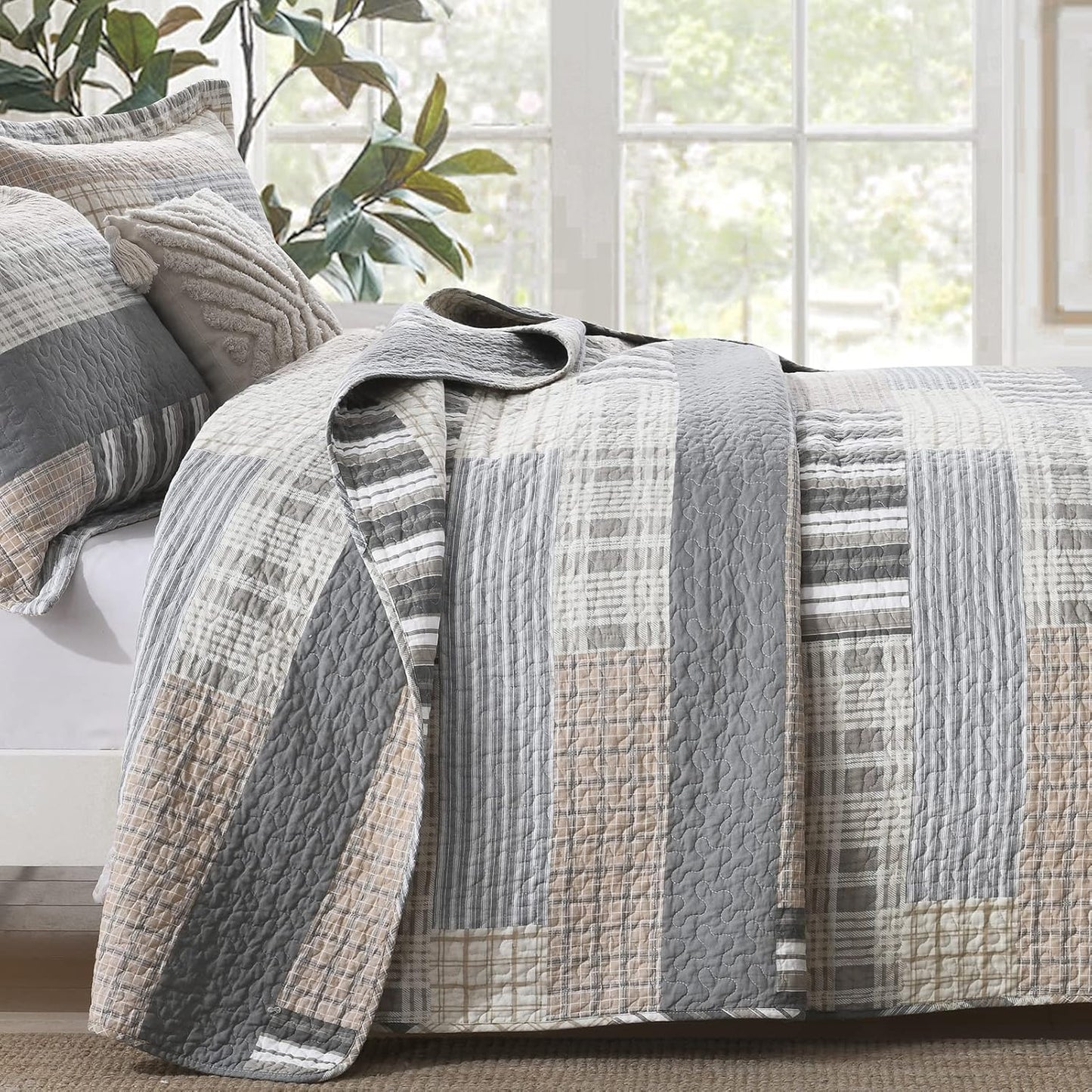 Y-PLWOMEN Quilt King Size - 100% Cotton Brown Grey King Quilt Farmhouse Plaid Quilted Bedspread, 3 Pieces Lightweight Reversible King Size Quilt Bedding Set for All Season