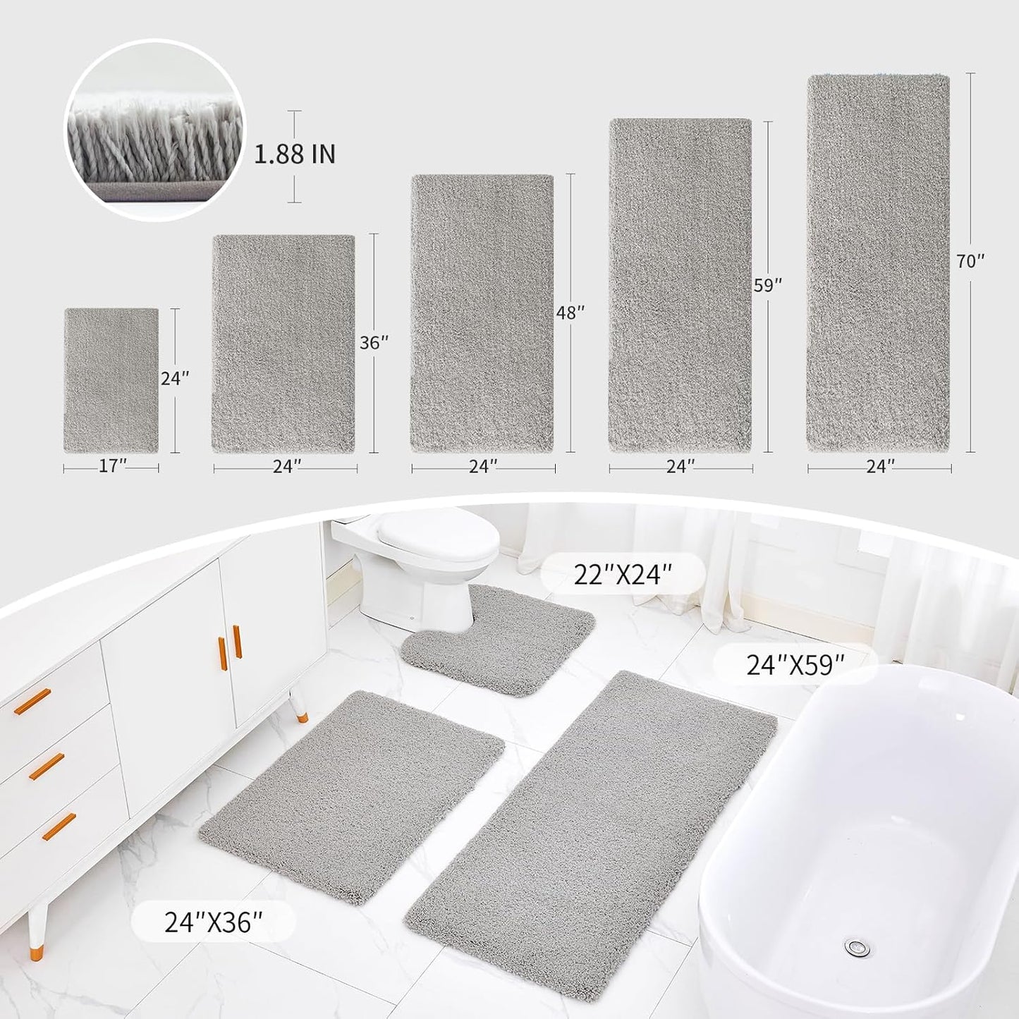 Gray Bathroom Rug 24x36 Non Slip Fluffy Bath Mat for Bathroom Floor Washable Plush Luxury Bath Rug for Tub Soft Shaggy Absorbent Shower Sink Mat