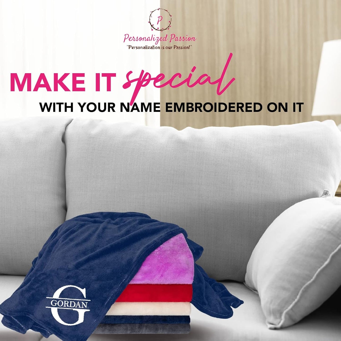 Personalized Passion Blankets with Custom Name & Initial Monogram - Custom Blanket for Him and Her - Super Soft & Cozy Fleece - 80x60 Inch - Navy