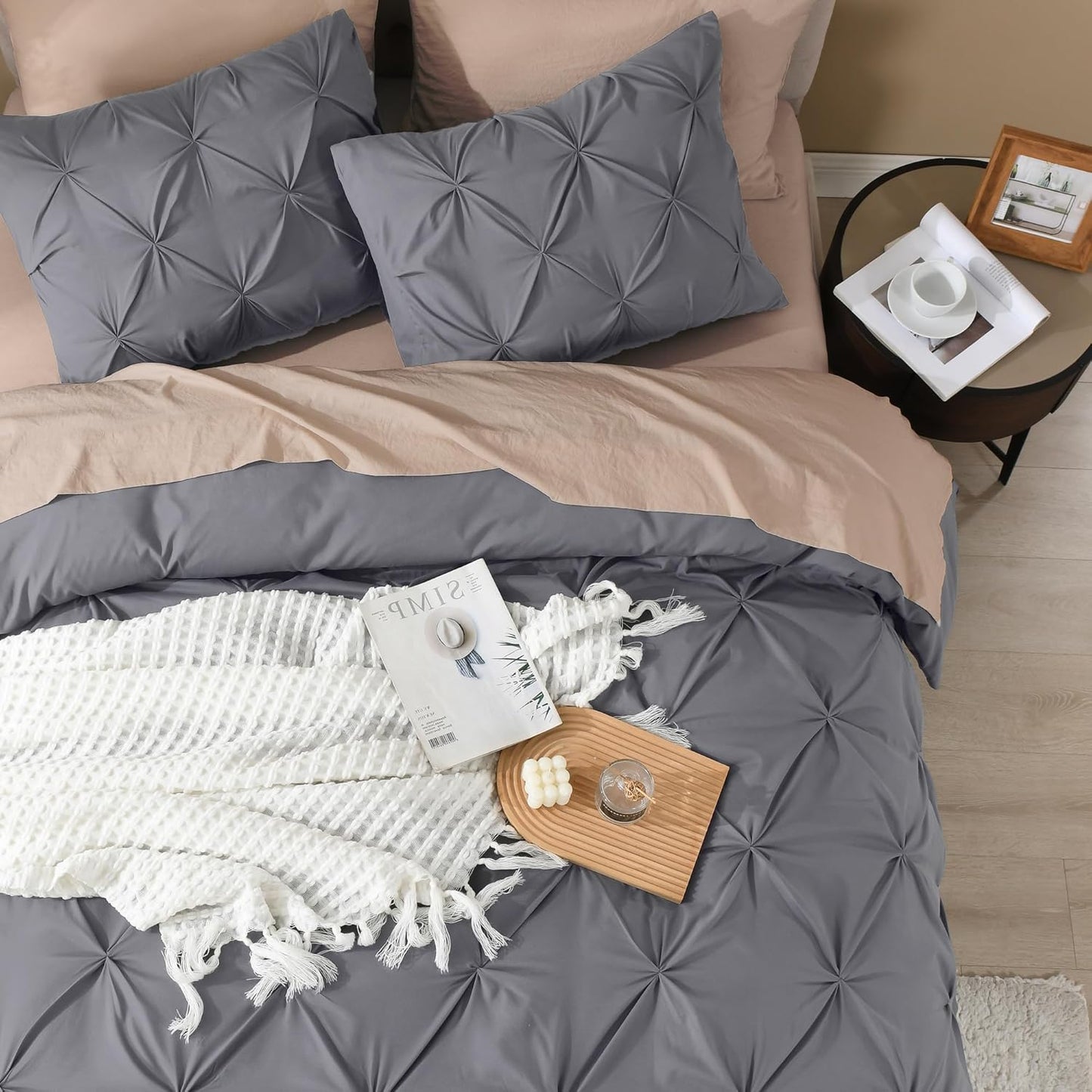 Litanika Dark Grey California King Pinch Pleat Duvet Cover, 3 Pieces Pintuck Cover Soft Microfiber Bedding Set with Zipper Closure & Corner Ties(1 Duvet Cover, 2 Pillowcases)