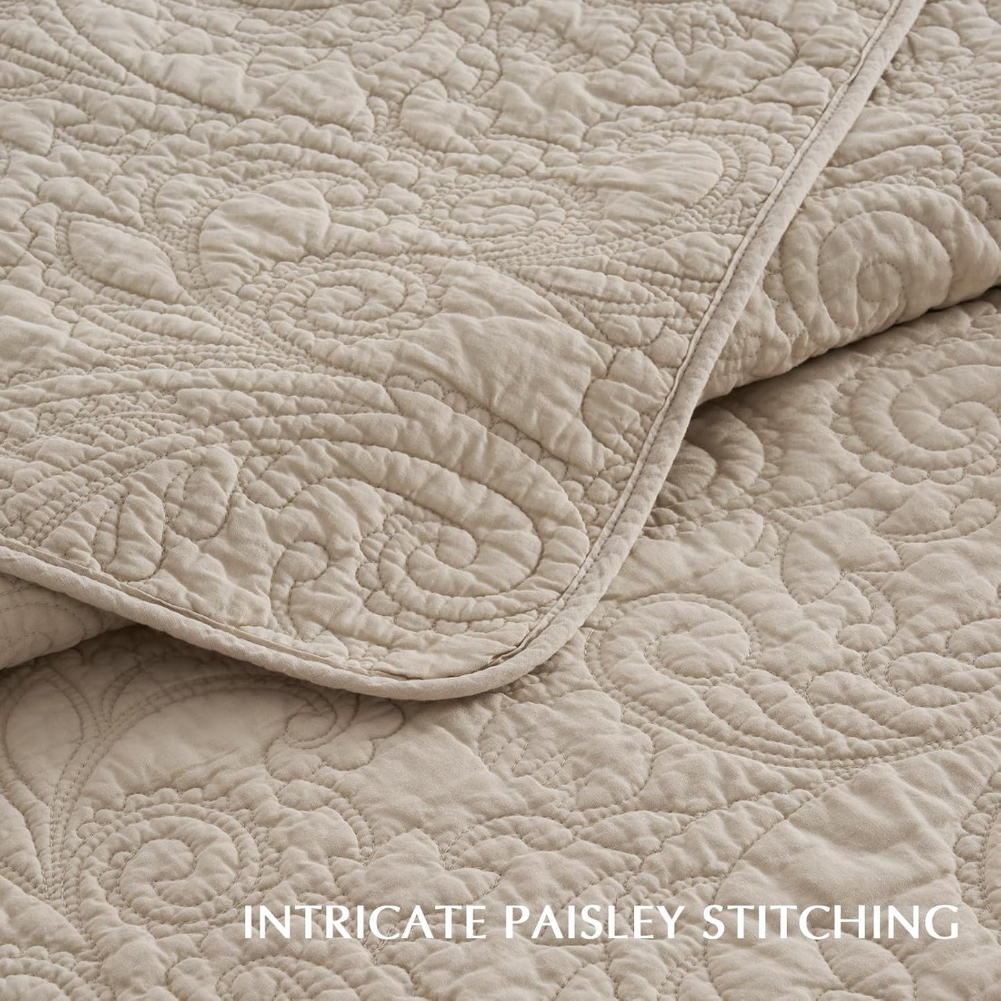 EVERGRACE 100% Cotton Paisley Quilt Set, Oversized King 3 Piece Set – Prewashed Lightweight Bedspread with 2 Shams, Soft & Breathable Matelasse Coverlet for All-Season Comfort, Flax Beige