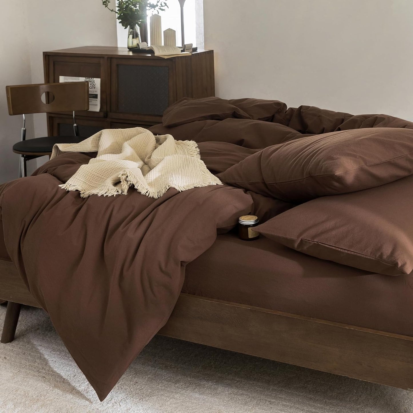 FOSSA Duvet Cover Set 100% Washed Cotton Linen Feel Super Soft Breathable Cozy 3 Pieces Bedding Sets Solid Cocoa Brown Oversized Queen