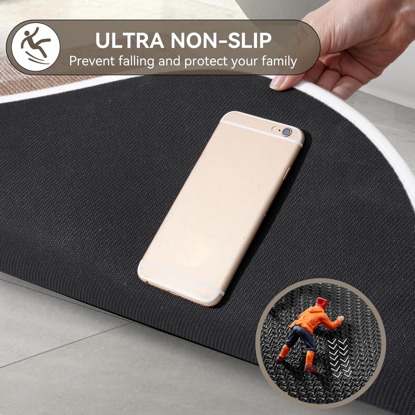 Bathroom Rugs Mat 20x31, Ultra Thin Non Slip Bath Mats for Bathtub Quick Dry Absorbent Rubber Bathroom Mat Fit Under Door, Woven Washable Half Round Bath Rugs Floor, Beige Brown