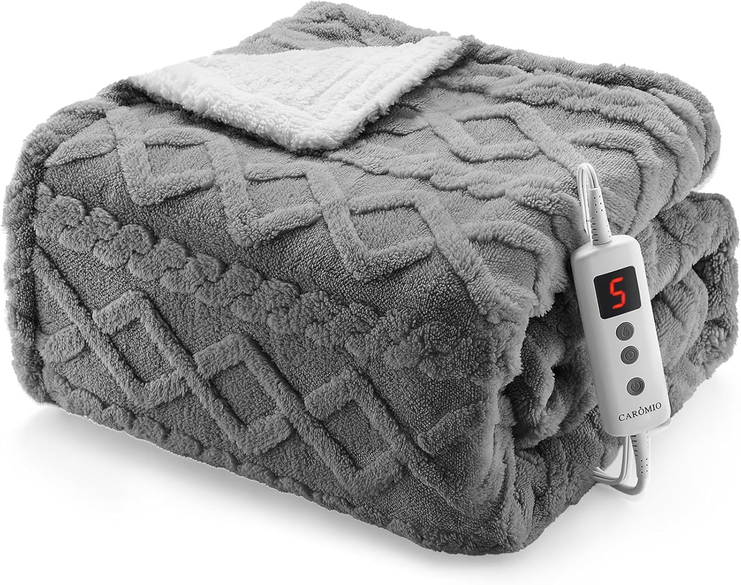 CAROMIO Heated Throw Blanket - Thick Tufted Sherpa Electric Blanket Throw with 10 Heating Levels and 10 Time Settings, ETL Certified Machine Washable Fast Heating Blanket Throw 50"×60", Grey