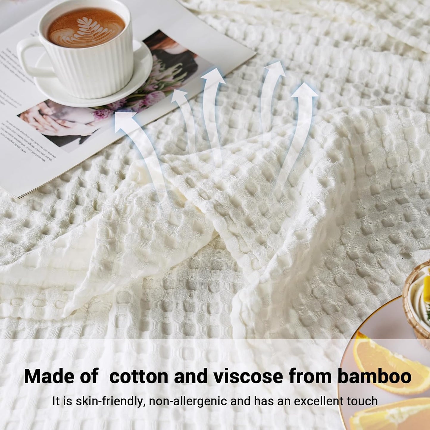 Aganear Waffle Blanket - Lightweight Breathable Summer Blanket of 50% Cotton and 50% Rayon Derived from Bamboo for Hot Sleepers Luxury Throws for Bed, Couch and Sofa,White,90x90 Inches