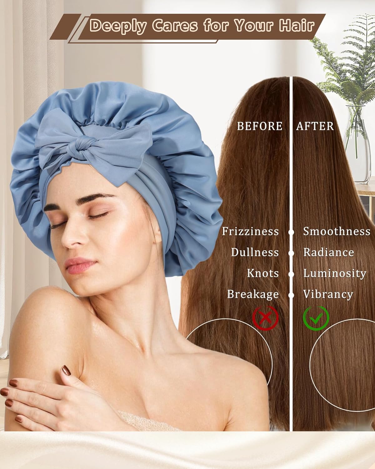 AWAYTR Women Satin Bonnet for Sleeping - Double Layer Silk Hair Bonnet with Elastic Tie Band for Braids Curly Hair