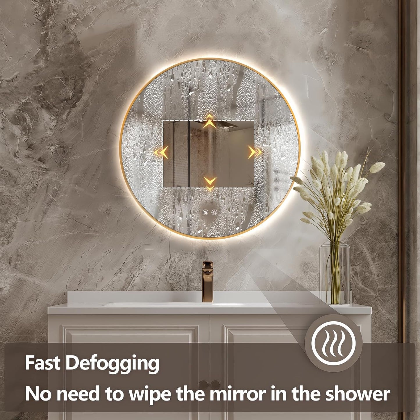 Niccy Round Led Mirror for Bathroom, 24" Backlit Mirror for Wall Circle Lighted Mirror with Gold Frame Anti-Fog, 3 Colors, HD Glass and IP65 Waterproof