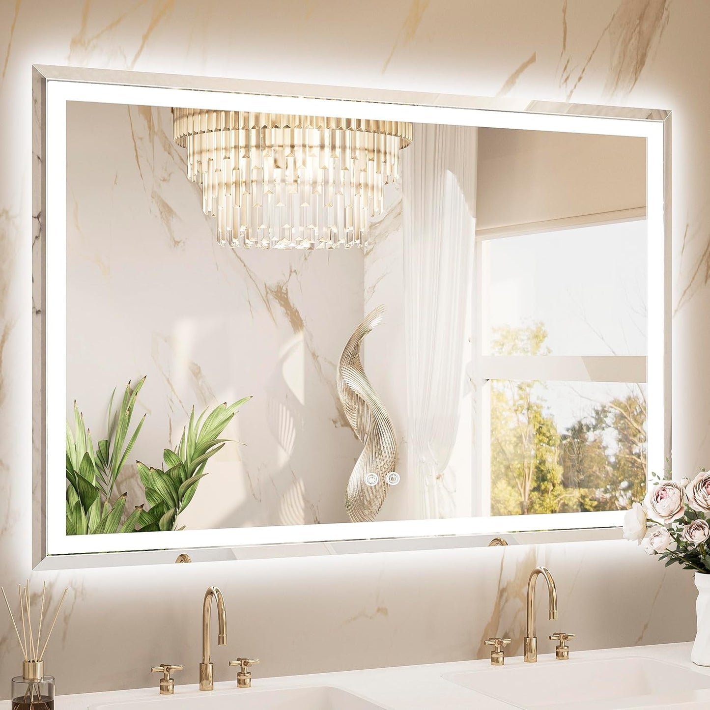 TETOTE 55 x 36 Inch Led Lighted Mirror for Bathroom Wall, Extra-Bright Beveled Bathroom Vanity Frontlit & Backlit Frameless Mirror with 3-Color Lights, Defogging, Tempered Glass, Waterproof