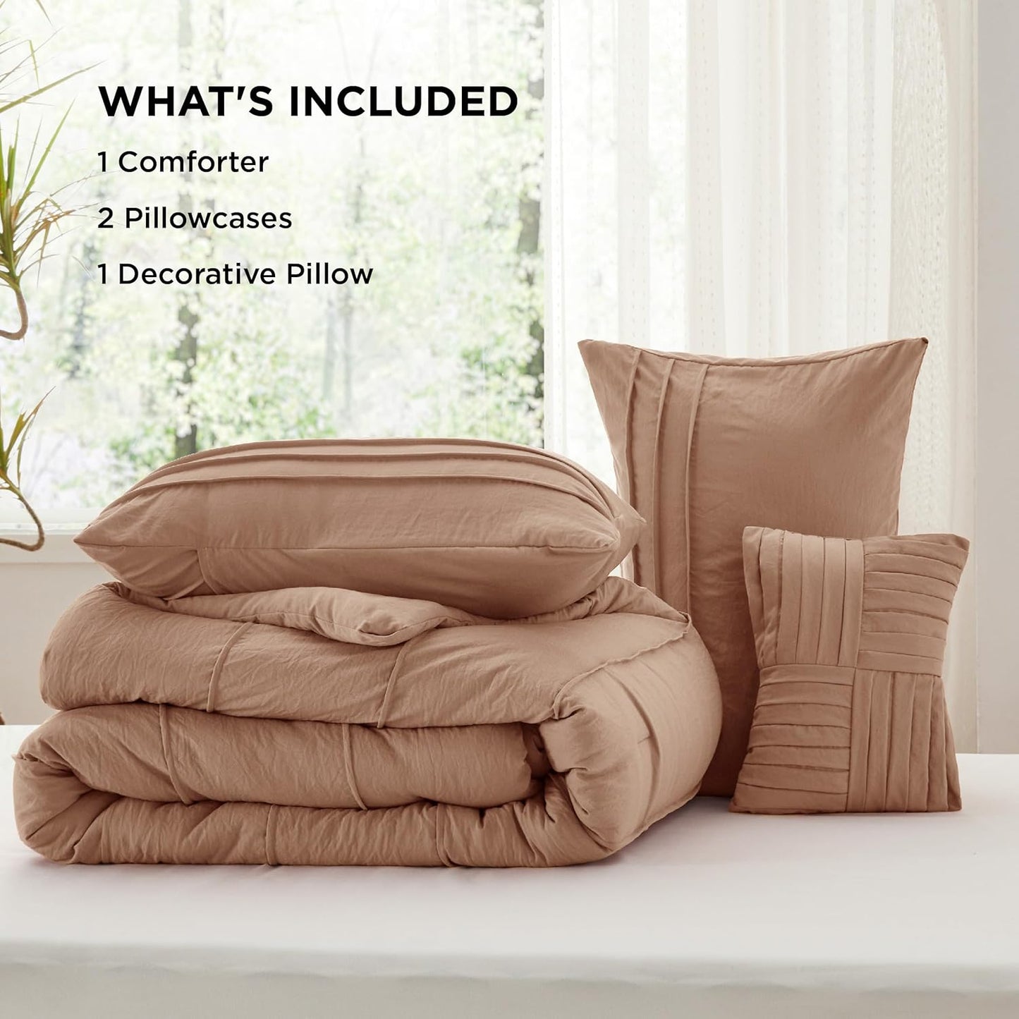 Bedsure King Comforter Set - 4 Pieces Pinch Pleat Bed Set, Taupe Boho Bedding for All Season, 1 Soft Comforter, 2 Pillowcases, 1 Decorative Pillow