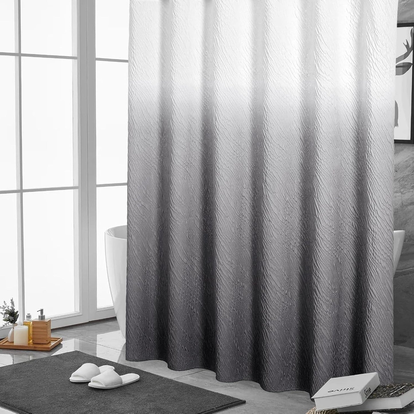 MitoVilla Grey Ombre Modern Small Stall Shower Curtain 36 x 72, Farmhouse Narrow Half Size Shower Curtains for Bathroom Decor, 3D Waves Embossed Marble Textured Cloth Shower Curtain 36 inch