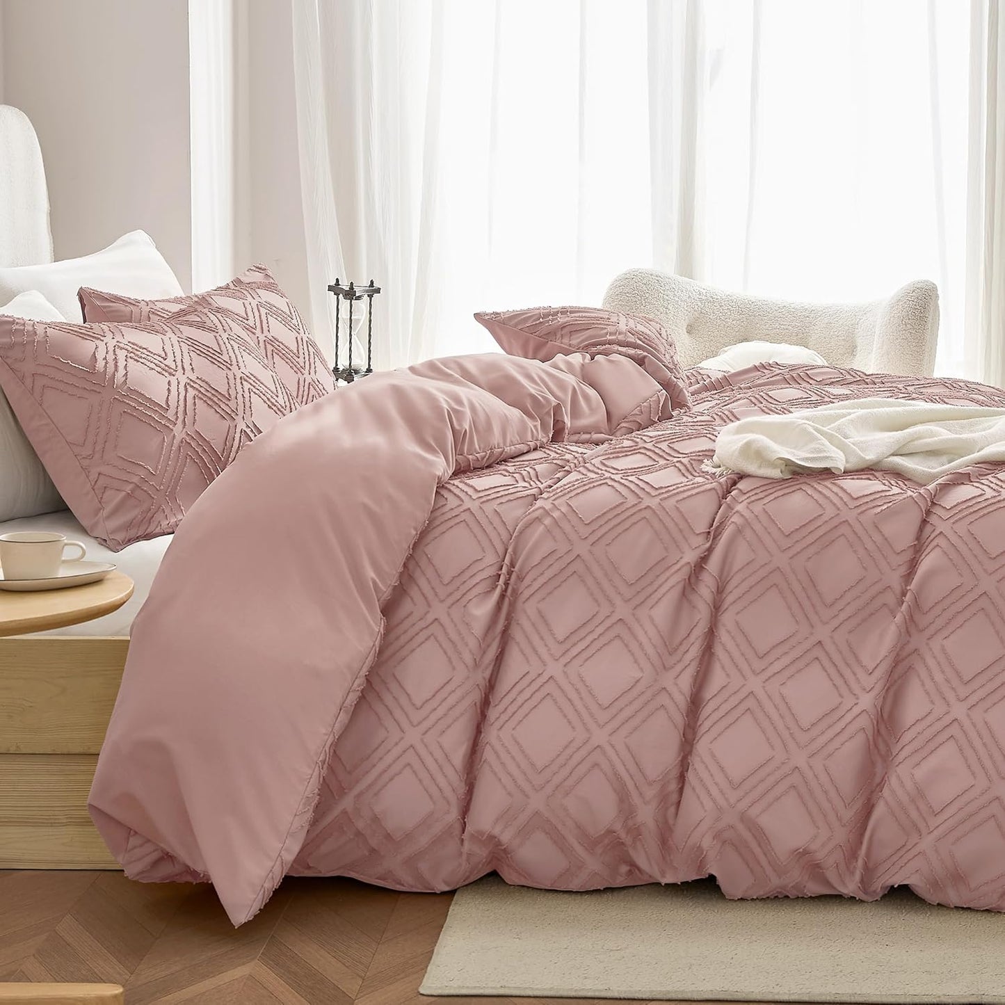JELLYMONI Duvet Cover Twin Size Smokey Pink - 3PCS Boho Duvet Cover Set Plaid Polyester Tufted Bohemian Jacquard Knit Textured Comforter Cover 68×90in Rhombic Geometric Pattern Corner Ties & Zipper